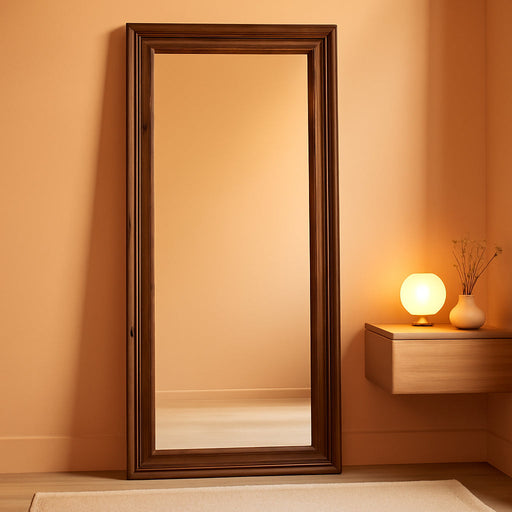 SixtyFiveInch Floor Mirror SolidWood Frame WalnutFinish Brown
