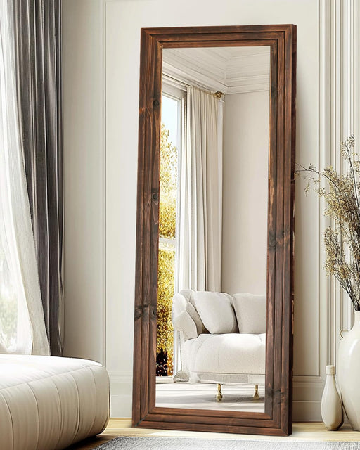 SixtyFiveInch Floor Mirror SolidWood Frame WalnutFinish Brown