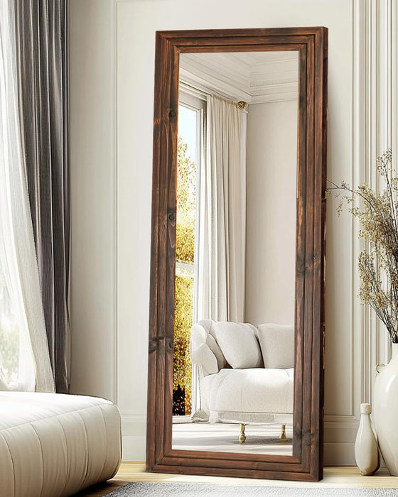 SixtyFiveInch Floor Mirror SolidWood Frame WalnutFinish Brown
