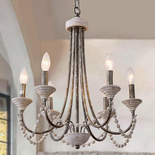 French Country Chandelier 20 Inch Whitewashed Wood
