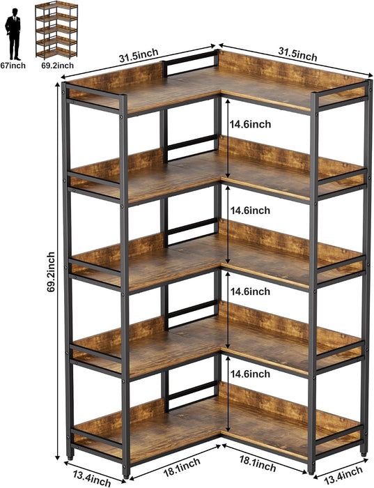 Large 5-Tier Corner Bookshelf, Modern Tall Corner Shelf Storage Rack