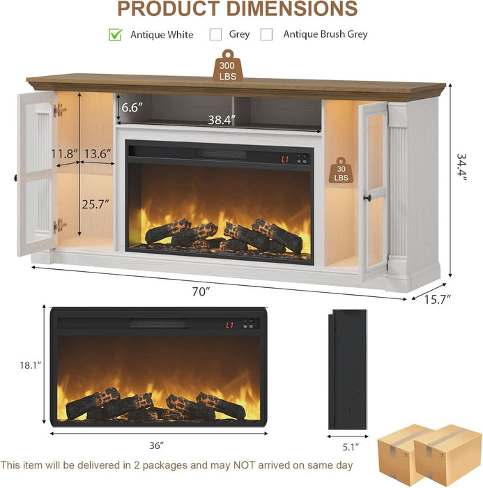 Farmhouse Fireplace TV Stand up to 80" Tvs, 70" Modern Highboy Entertainment Center with 36" Electric Fireplace & LED Lights, Media Console with Adjustable Shelves for Living Room, Antique White
