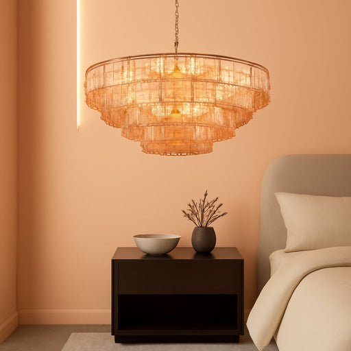 35In Large Chandelier Gold, Modern Dining Room Light Fixtures, 4 Layer Luxury Glass Chandelier 18 Light Chandeliers for Dining Room Kitchen Island Living Room (Amber Glass)