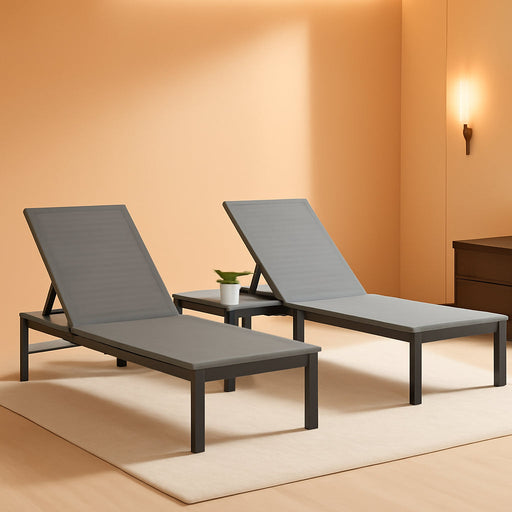 Outdoor Chaise Chairs & Table 3 Pieces Pool Lounge Chair, Adjustable Poolside Sunloungers Lay Flat Sunbathing Chaise with Backrest for Patio, Beach, Yard, Pool