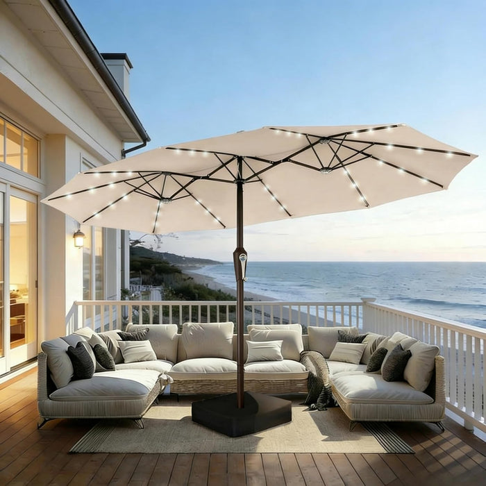 15FT Patio Umbrella with Solar Lights, Double-Sided Extra Large Outdoor Table Umbrella with Base Included, Heavy-Duty 12 Iron Ribs Market Umbrella for Garden, Pool, Backyard, Beige