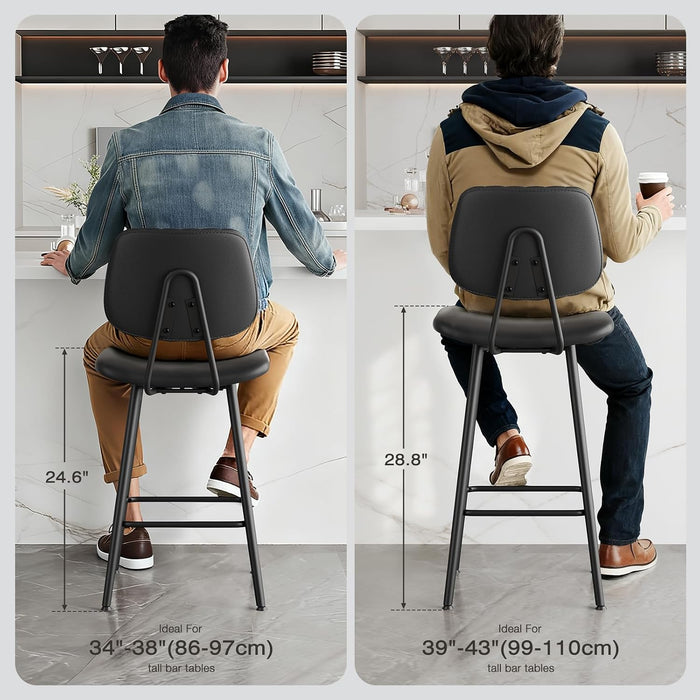 24-Inch Leather Bar Stools Set of 3 with High Backrest, Black | Faux Leather, Counter Height Barstools, Heavy Duty Metal Legs, with Footrest, for Kitchen Island