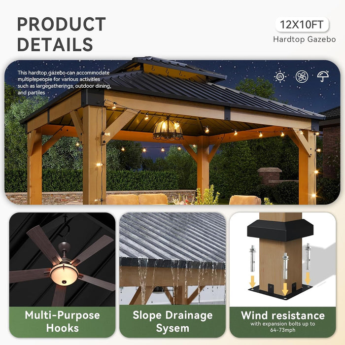 10' X 12' Outdoor Wood Gazebo, Hardtop Gazebo Permanent Wooden Pavilion with Galvanized Steel Double Roof, for Patio, Garden, Deck, Cedar Wood, Natural