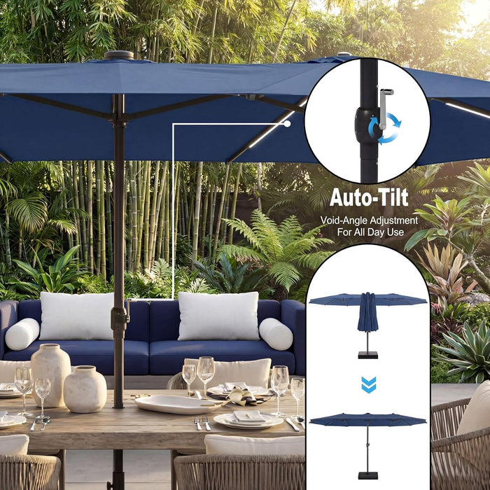 15FT Patio Umbrella with Solar Light Bar, Large Double-Sided Outdoor Table Umbrella with Base, Crank, Steel Ribs and Pole for Patio, Beach Sun Umbrellas for Backyard, Poolside, Navy Blue