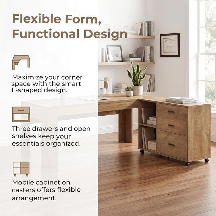 63'' L Shaped Office Desk with Drawers and Shelves,Large Executive Desk with Rolling File Cabinet Combo,Home Office Computer Desk,Brown