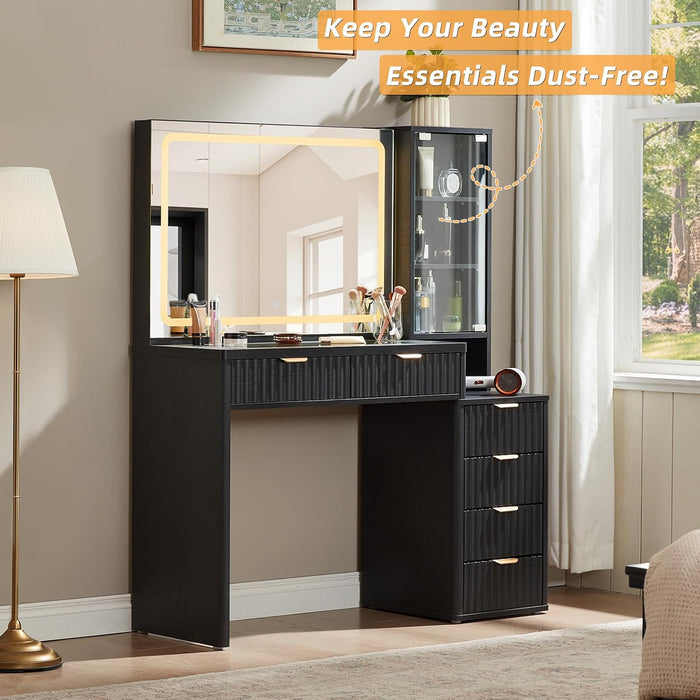 Fluted Makeup Vanity Desk with Mirror and Lights, 43.5'' Blue Vanity Table with Glass Top and Power Outlet, Make up Vanity with 6 Drawers and Adjustable Shelves for Bedroom