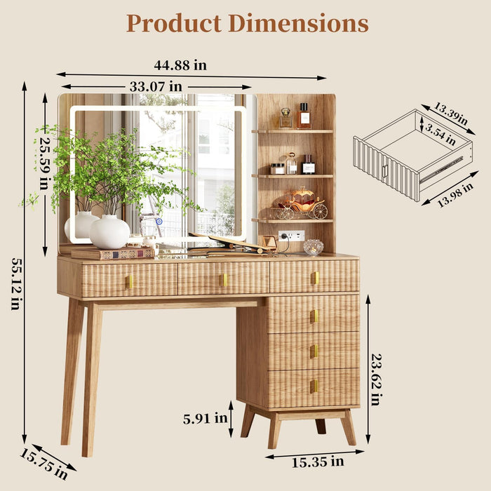Large Makeup Vanity Desk with Mirror and Lights, Vanity Desk with 6 Drawers & Storage Shelves, Vanity Table with Power Outlet, 3 Color Modes & Adjustable Brightness Dressing Table, Bedroom,Wood