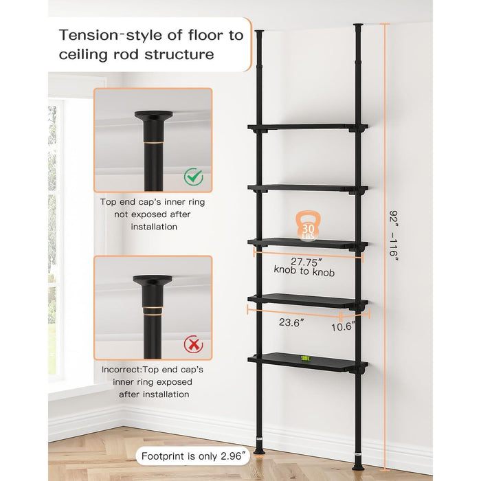 5 Tiers Narrow Bookshelf, Tall Adjustable Ladder Book Shelf with Open Storage, Floor to Ceiling Tension Mount, Wooden Industrial Bookcase for Living Room, 92 to 116 Inch, Black