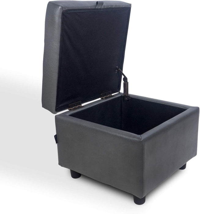 Tufted Leather Square Flip Top Storage Ottoman Cube Foot Rest (Grey with Storage)