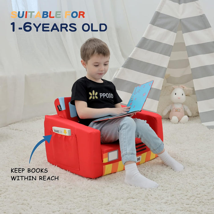 Kids Sofas Children'S Sofa Bed Baby'S Upholstered Couch Sleepover Chair Flipout Open Recliner(Red/Fire Truck)