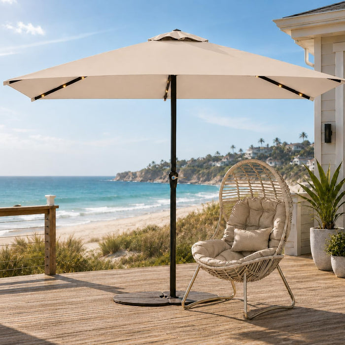 6.5 X 10Ft Rectangular Patio Umbrella with Solar Lights, 16 LED Lighted Market Umbrella with Push-Button Tilt and Crank, 6 Sturdy Iron Ribs for Garden, Deck, Pool, Beige