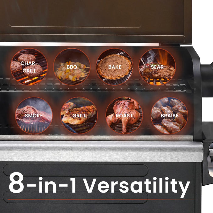 Wood Pellet Grill Smoker with PID Controller, 8-In-1 Master Sear BBQ Grill, Auto Temperature Control, Huge Storage Cabinet Side Shelf with Tool Hooks, 572 Sq in Cooking Area for Outdoor, 600D