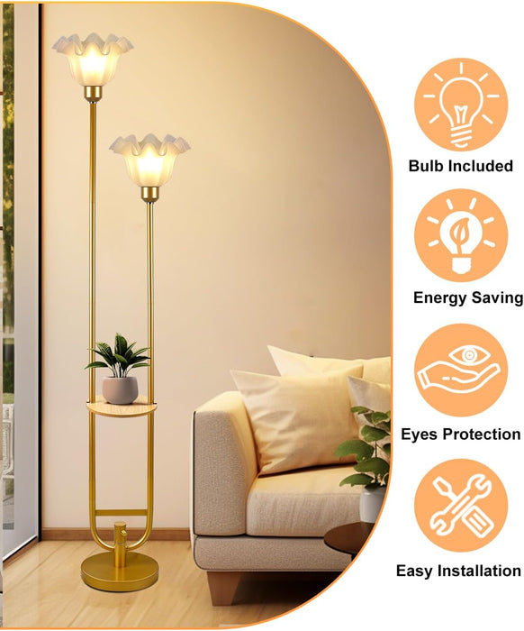 Dimmable Flower Floor Lamp with Table for Living Room, Modern Mid Century Gold Metal Tall Standing Lamp with 5Lbs Heavy Base for Bedroom/Sofa Beside/Corner Decor (Bulb Included)
