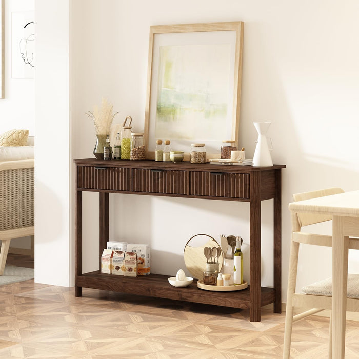 Fluted Wood Console Table with 3 Drawers, Boho Narrow behind Couch Entryway Table with Open Storage Shelf, Modern Sofa Table for Living Room, Foyer and Hallway (Dark Walnut)