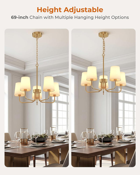 Chandeliers for Dining Room, 5-Light Gold Chandelier Light Fixture, E26 Base-Dining Room Light Fixtures over Table with White Shade, Farmhouse Chandelier for Bedroom Living Room Foyer Entryway