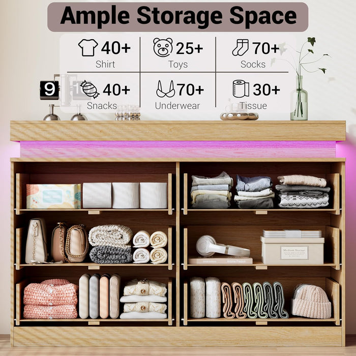 Dresser for Bedroom 6 Drawers with RGB LED Lights and Charging Station, 47.2" Wide Fluted Wooden Chest of Drawers, TV Stand Closet Clothes Storage Organizer for Living Room, Hallway, Oak
