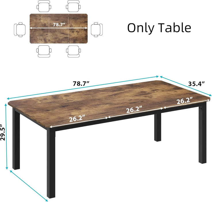 Industrial Dining Table for 6-8 People, 78.7 Inch Long Kitchen Table with Sturdy Metal Frame & Rustic Brown Finish - Seats 6 Rectangular Counter for Dinner, Easy to Install(Only Table)
