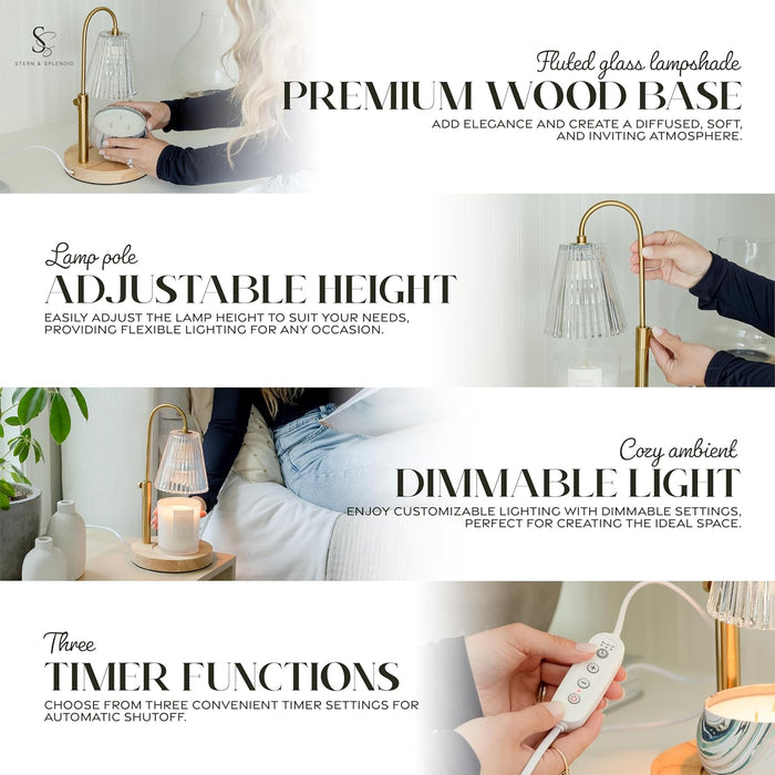 Adjustable Wood Candle Warmer Lamp for Jar Candles – Large round Base, Dimmable Electric Candle Melter with Timer, Flameless Candle Heating Lamp with 4 Halogen Light Bulbs