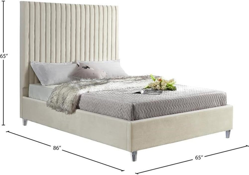 Candacecream-Q Candace Collection Modern | Contemporary Velvet Upholstered Queen Bed, Cream Velvet Fabric, Deep Channel Tufting, Acrylic Legs, 65" W X 86" D X 65" H, Cream, Queen