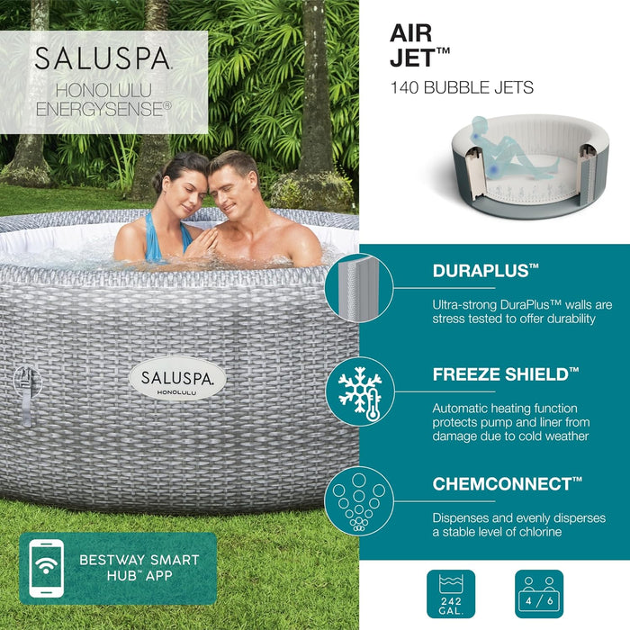 Saluspa Honolulu Airjet Large round 4 to 6 Person Inflatable Hot Tub Portable Outdoor Spa with 140 Airjets and Energysense Cover, Grey