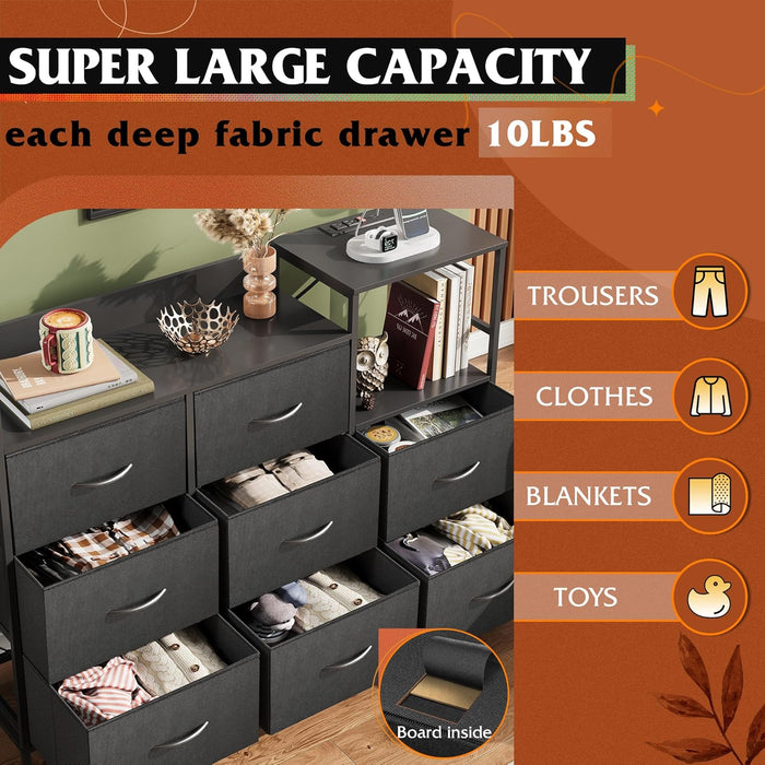 Black Dresser TV Stand for Bedroom with Charging Station and Open Shelves, Fabric Dresser with 8 Drawers and Wood Top, Wide Storage Chest of Drawers for Living Room, Hallway