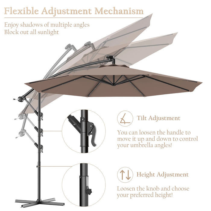 10' Hanging Solar LED Umbrella Patio Garden Sun Shade Offset Market W/Base Tan