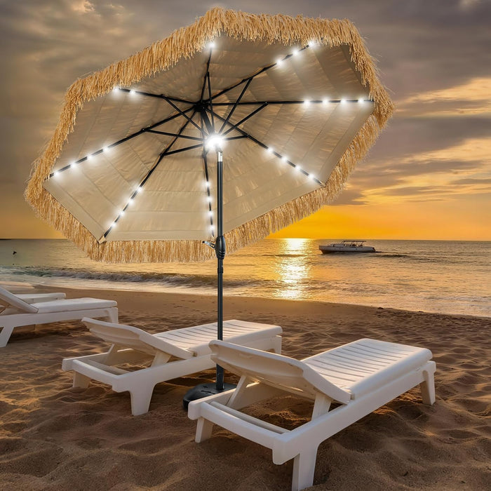 9 FT Solar Thatch Tiki Umbrella, Hawaiian Style Straw Umbrellas with Zinc Alloy Push Button Tilt, UPF 50+ Patio Umbrella,Outdoor Umbrella with 32 LED Lights for Beach, Pool,Garden
