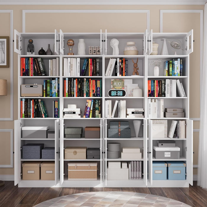 85.5 Inch Tall Bookshelf with Doors - 7 Tier Bookcase with Glass Doors and Drawer, 23.6" Wide Storage Cabinet with Open Shelves for Living Room, White Book Shelf for Home Office, Study (AAAA)