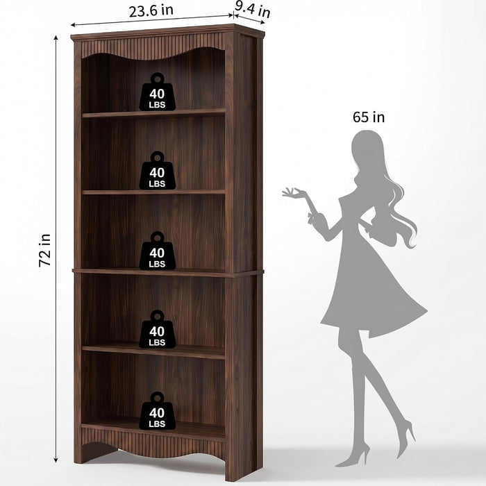 5-Tier Bookshelf, Mid-Century Bookcase,Fluted Wood Booklshelf, Walnut | Modern Bookcase with Classic Fluted Details, Freestanding Wood-Look Storage Rack for Home Office, Living Room, and Bedroom