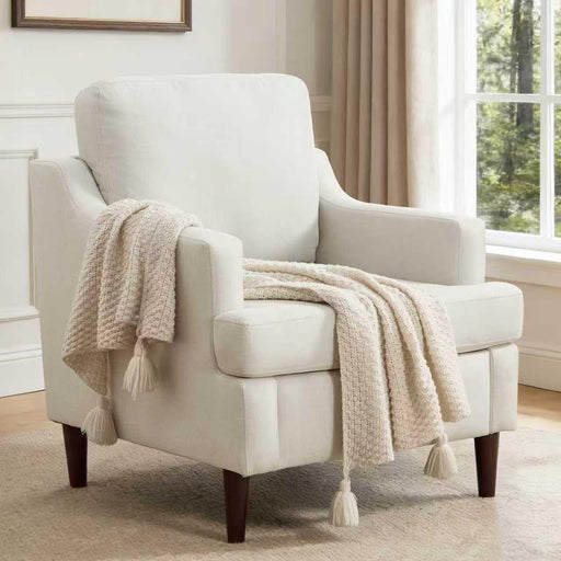 Mid Century Linen Beige Upholstered Accent Armchair