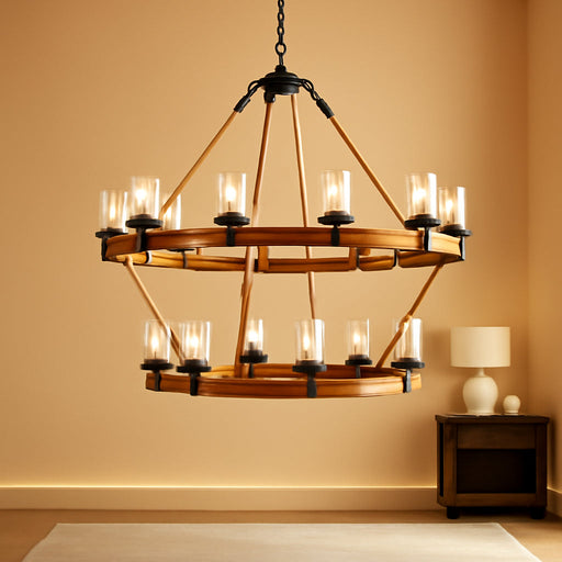 60" 2-Tier Wagon Wheel Chandelier 27-Light Extra Large Wood Chandeliers