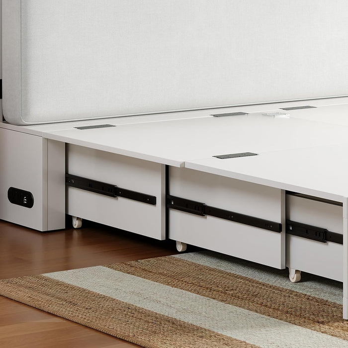 Queen Murphy Bed with Storage & Multifunctional Charging Station, Farmhouse Murphy Cabinet Bed with Foldable Panel, Space-Saving Beds for Guest Bedroom, Living Room-White & Brown,With Mattress