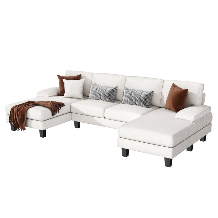 U-Shaped Sectional Sofa with Chaise, 4 Seats Chenille Fabric Sofa for Living Room, White