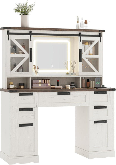 Farmhouse Makeup Vanity with Sliding Cabinets, White Vanity Desk with Lights Mirror and Power Outlet, Rustic Dressing Table with 4 Drawers&2 Storage Cabinets for Bedroom