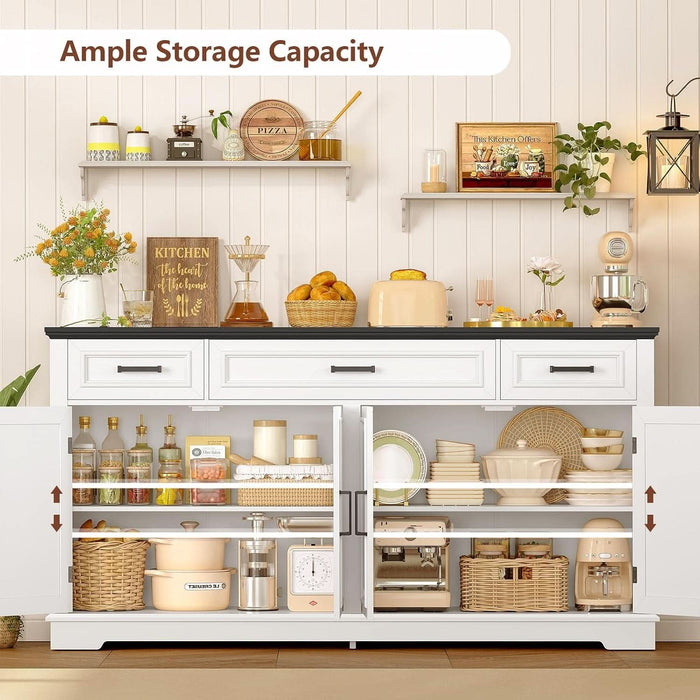 59" Buffet Cabinet with Storage, Sideboard Cabinet with 2 Adjustable Shelves & 3 Drawers, Coffee Bar Cabinet with 4 Doors for Living Room, White