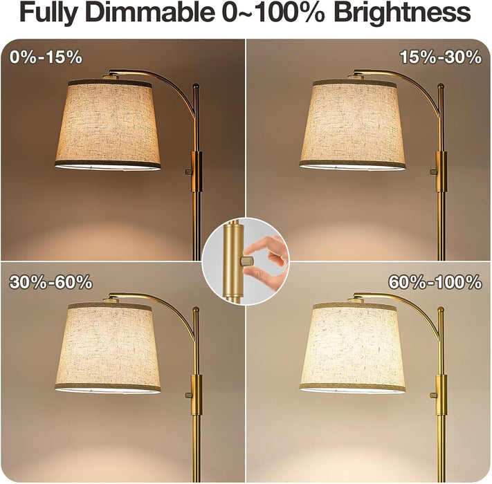 Fully Dimmable Floor Lamp for Living Room，Standing Lamp Rotary Switch with Linen Beige Shade，Golden Tall Lamps for Bedroom with Adjust Head，9W LED Bulb Included