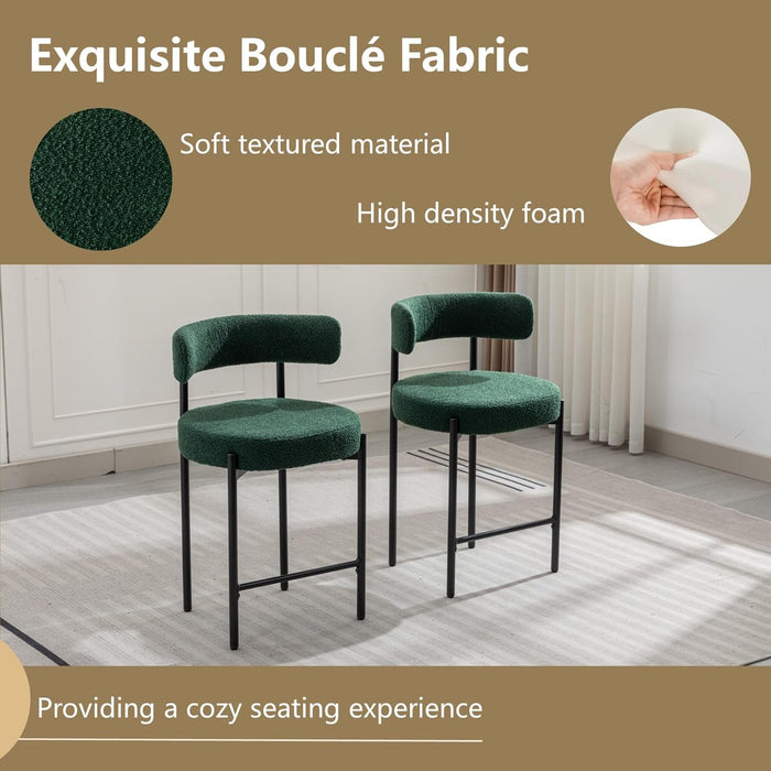 Counter Height Bar Stools, 24'' Green Bar Stools Set of 3, Boucle Barstools with Back, Mid-Century Modern Bar Chairs for Kitchen Island, Dining Room