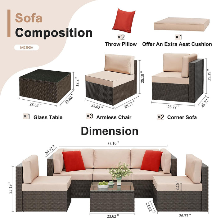 6 Pieces Patio Furniture Set Outdoor Couch Wicker Sectional Sofa, Beige