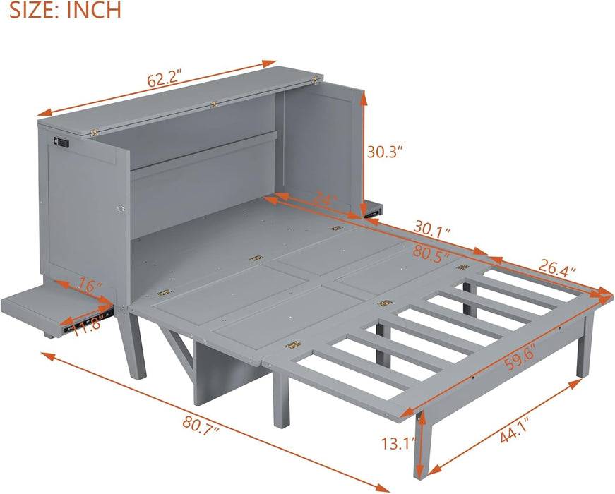 Murphy Bed Chest Queen Size,Cabinet Hideaway Bed with USB Port and Removable Shelves on Each Side,Wood Wall Can Be Folded,Platform Bedframe for Kids Bedroom,Student Dorms,Gray