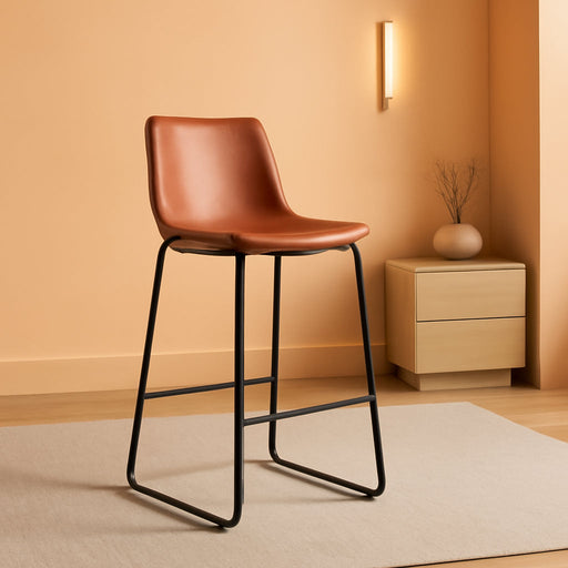 Bar Stools Set of 2, Faux Leather Barstools with Metal Legs | Counter Height 30 Inch Design, Armless with Back, Comfortable, Modern Finish, Kitchen Island, Brown