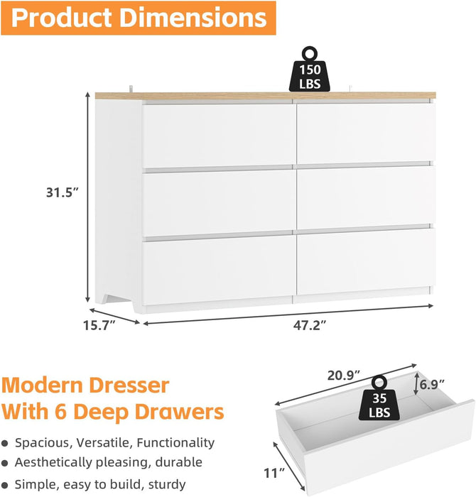 White FortySevenInch SixDrawerStorage DresserWoodTop