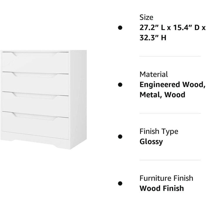 Modern 4 Drawer Dresser, White, Clothing Organizer