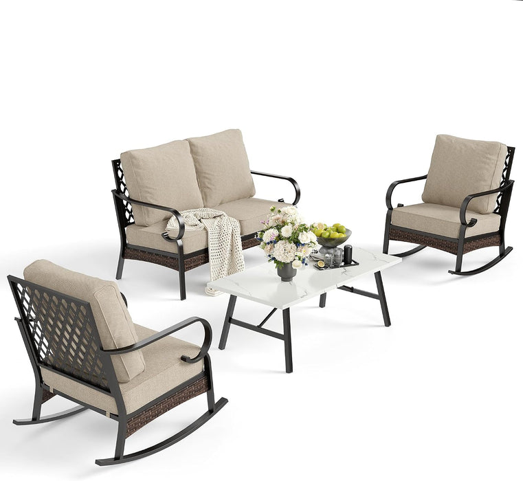 , 4 PCS Metal Patio Conversation Set, Rocking Chairs
