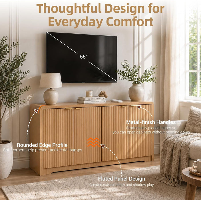 59" Fluted Buffet Cabinet Sideboard with Ample Storage, Natural Oak | Adjustable Shelves, Soft-Close Hinges, Anti-Tip Device, Thick Sturdy Panels, Rounded Edge, Sturdy Structure, Easy Assembly
