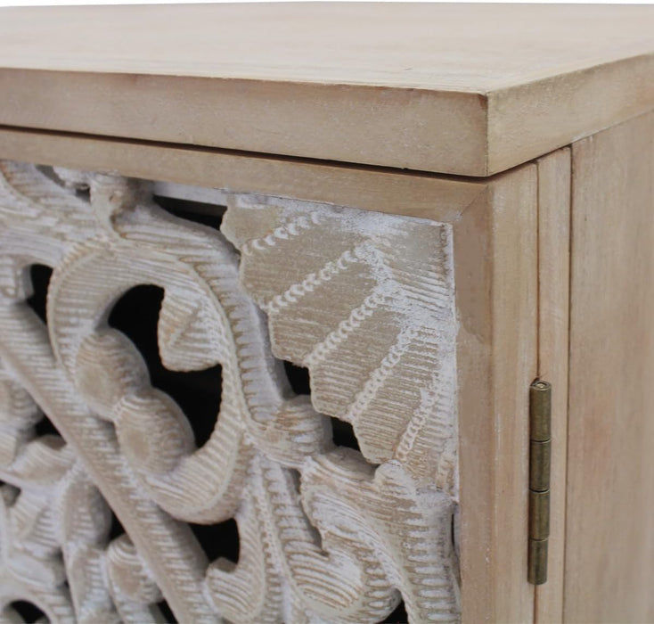 Handcrafted Oak Wood Cabinet With Floral Embellishments