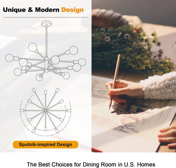 33" Modern Chandelier Ceiling Light Fixture, 12-Light Sputnik Chandeliers Gold and Black Mid Century Chandelier over Table, Height Adjustable Chandeliers for Dining Room Living Room Kitchen Island